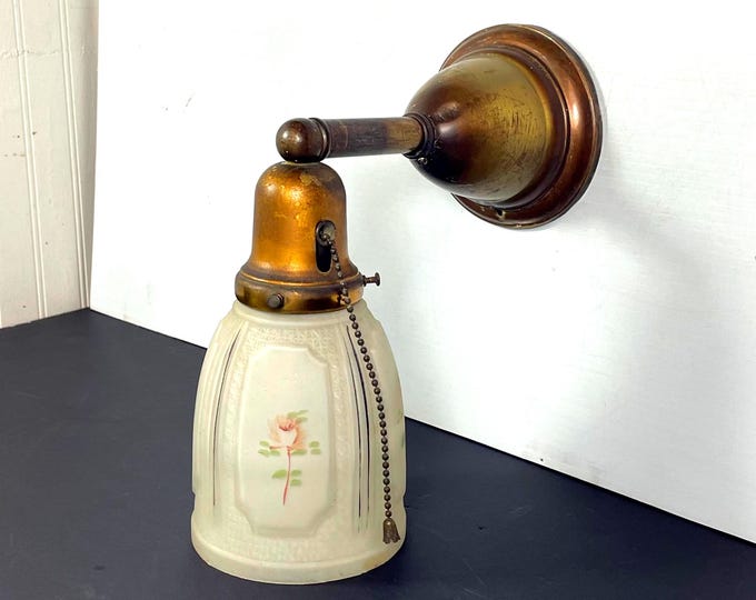Featured listing image: Antique, 1920's Brass Electric Wall Sconce with Hand Painted Glass Shade