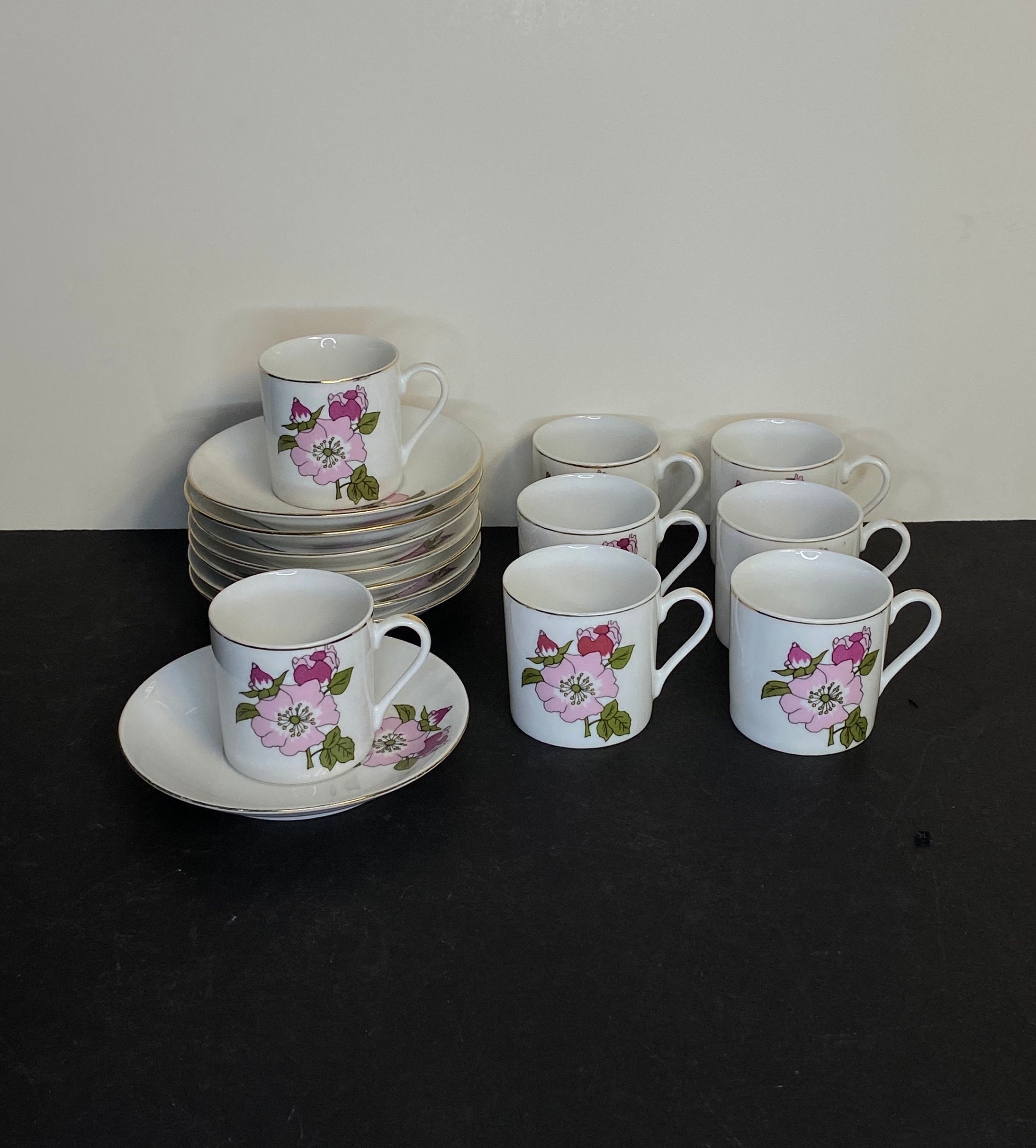 Demitasse Espresso Cups and Saucers with Pink Cherry Blossoms, Set