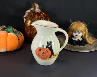 Emerson Creek Pottery, Halloween Pitcher, Cat and Pumpkin, 1996