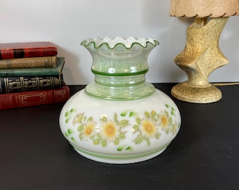 Floral Milk Glass Hurricane Lamp Shade: Yellow Flowers Green Leaves