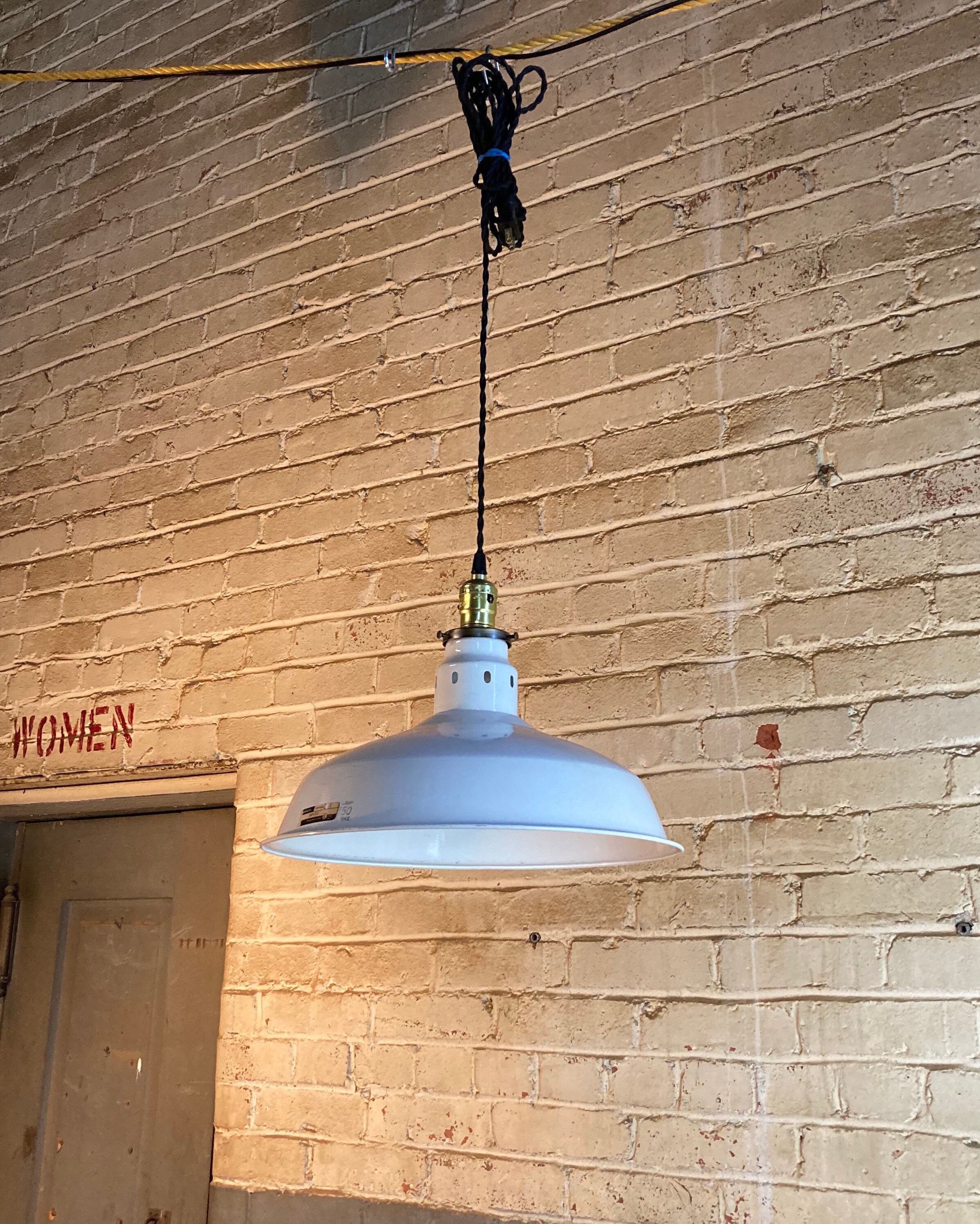 An Original 14 White Enamel Hanging Pendant Light Fixture with Braided