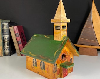 Folk Art, Tole Painted Church Birdhouse, Handmade and Signed by Pennsylvania Artist Lee Walborn H, 1995