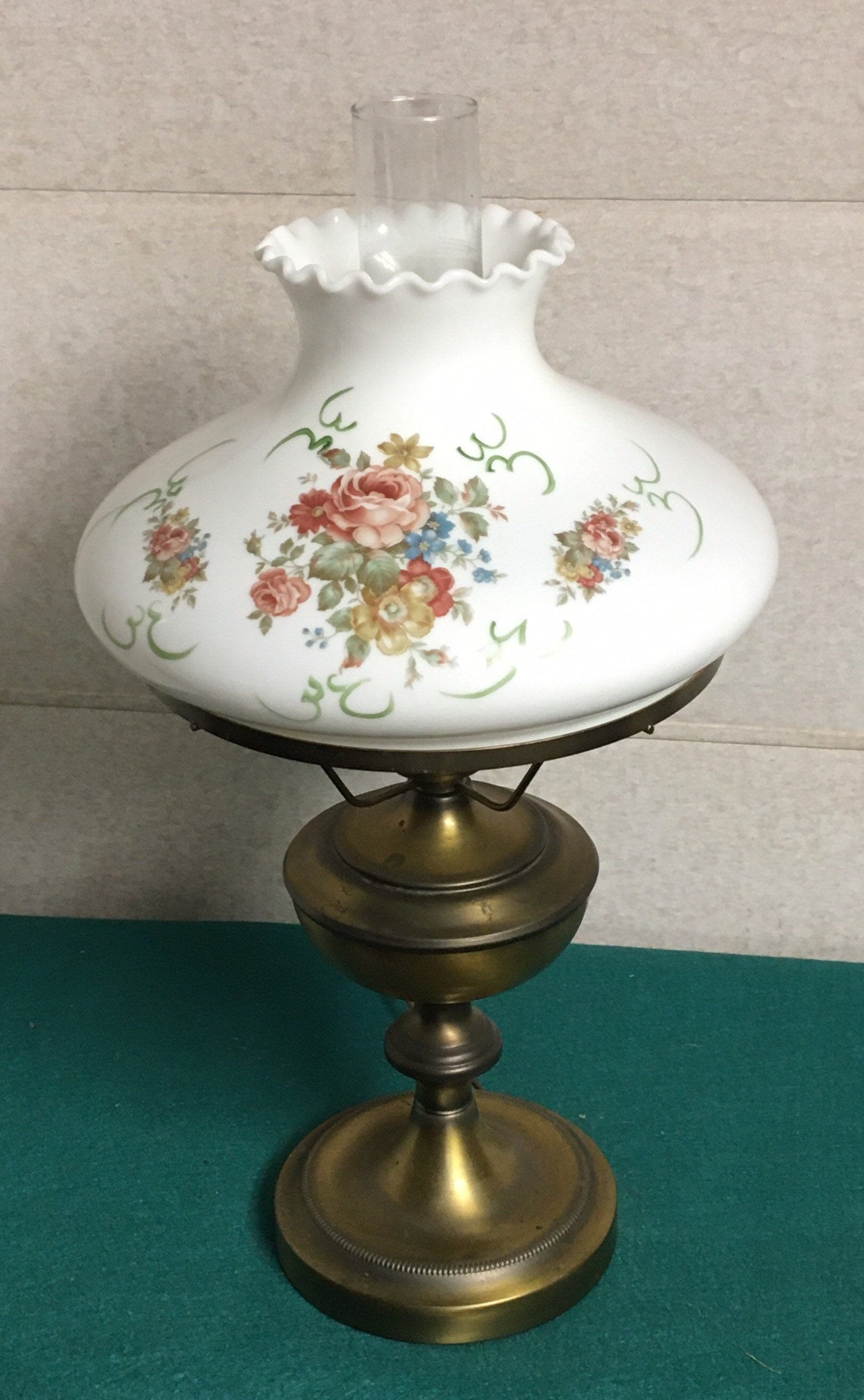 Vintage Brass Tone Oil Style Electric Hurricane Lamp with Hand Painted