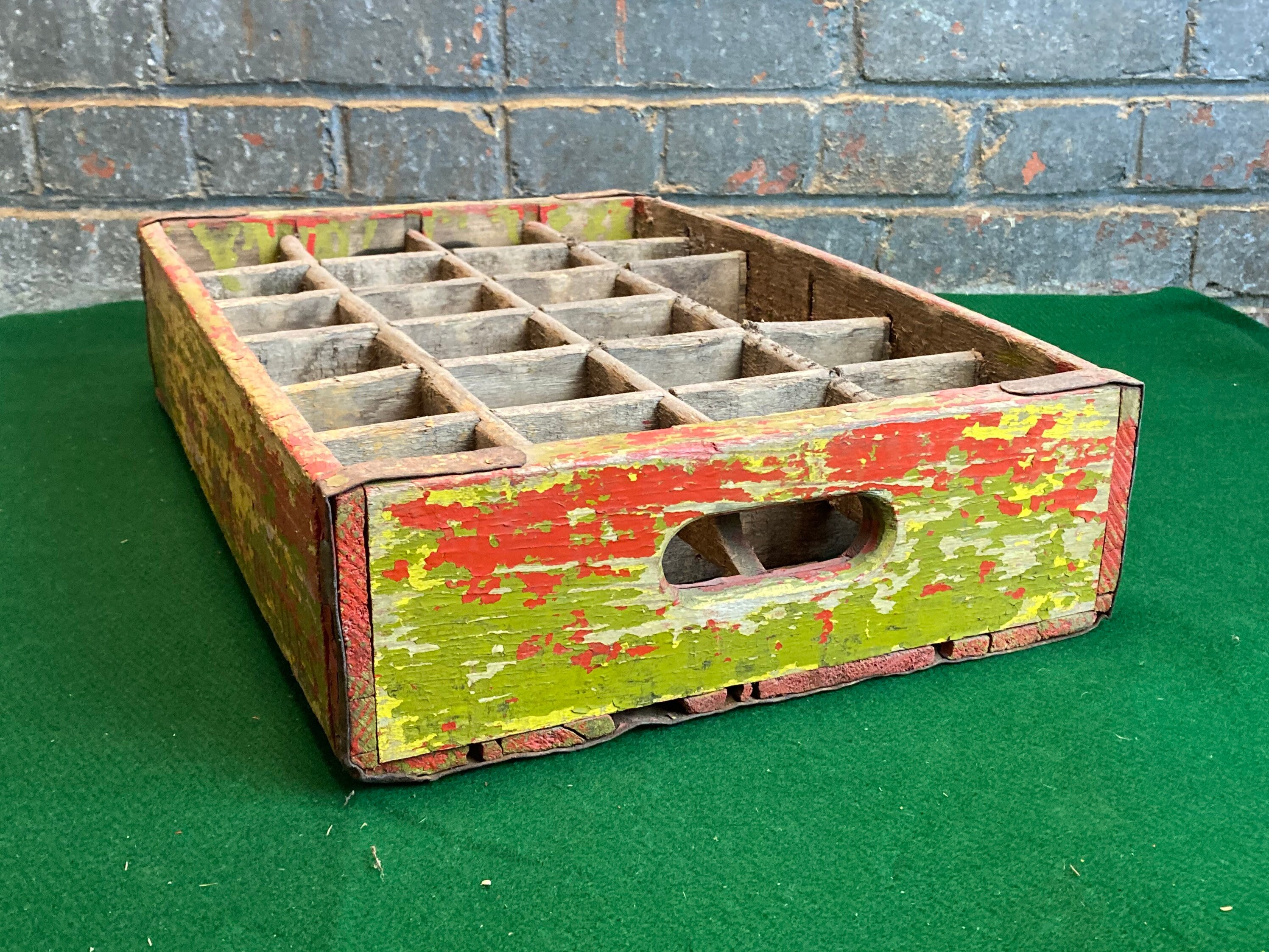 1970's Shabby Yellow Wooden Coke Crate with Dividers Coca Cola