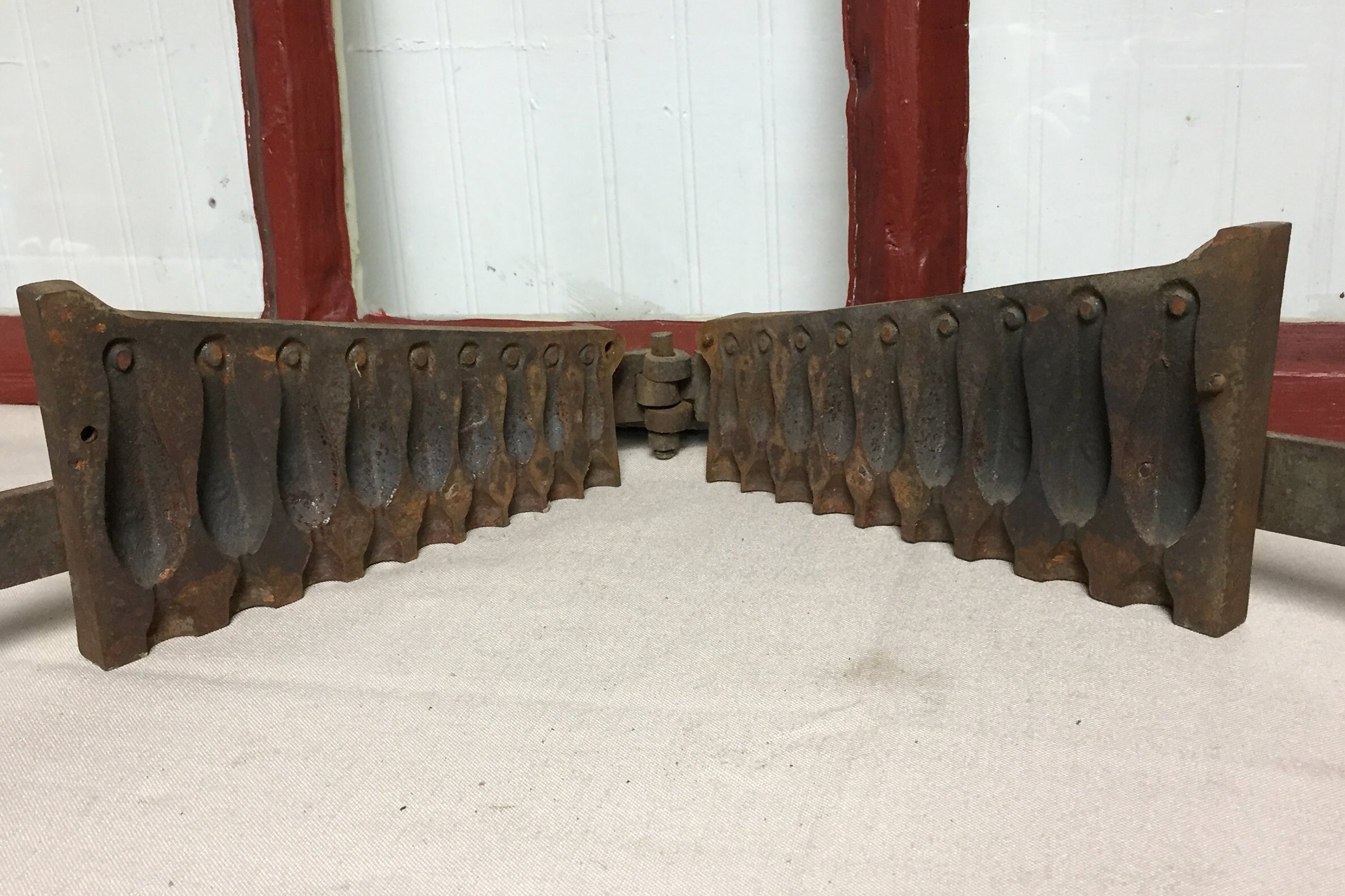 Antique Cast Iron Fishing Lead Sinker Mold 9 Slots with Long Iron Handles