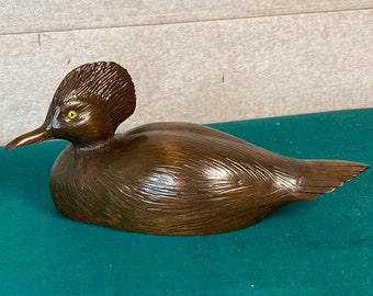 Vintage Wooden Duck Decoy, Hooded Merganser, Hand Carved Wooden Duck Decoy with Glass Eye