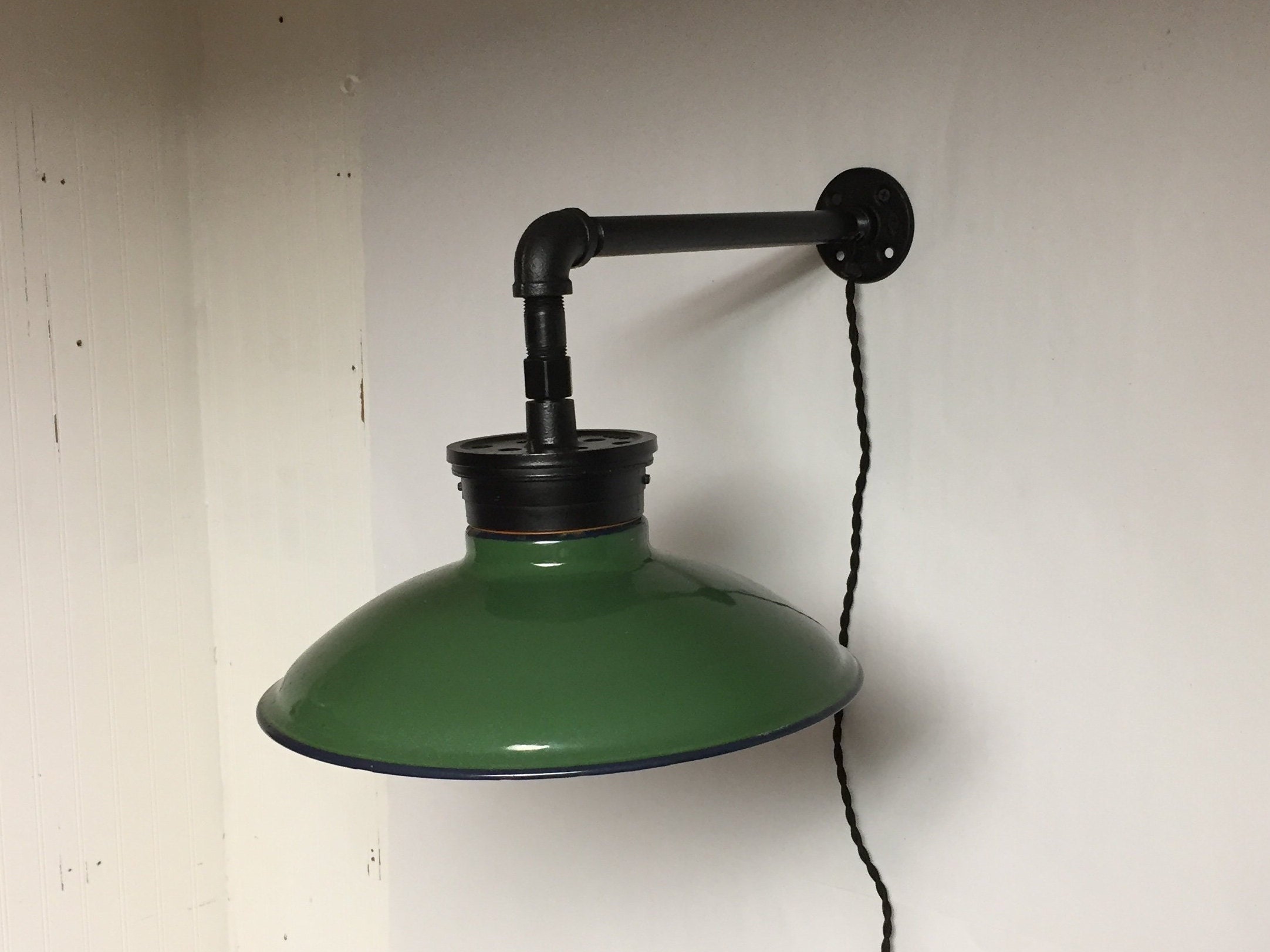Original Green Porcelain Barn Light Fixture Electric Wall Sconce, Goose