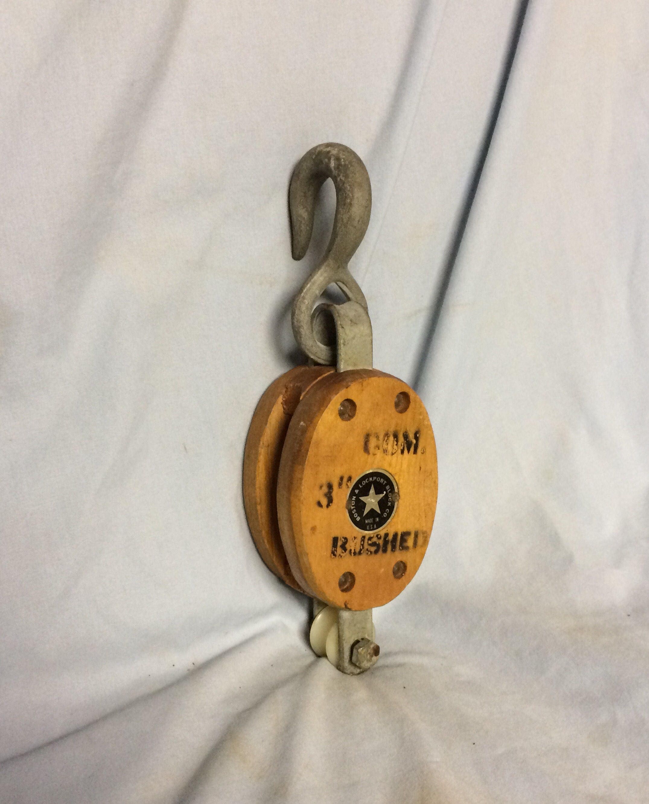 Vintage Small 3 Wooden Block and Tackle Pulley Boston & Rockport Block
