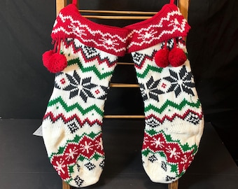 6 Pair of 2 Knit Stockings, White, Green and Red with Black Snowflake
