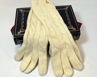 Ralph Lauren, Cream, Cable Knit Gloves, Cotton, Wool and Nylon