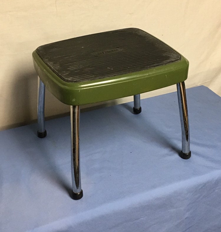Mid Century Olive Green Cosco Metal Kitchen Step Stool with Chrome Legs