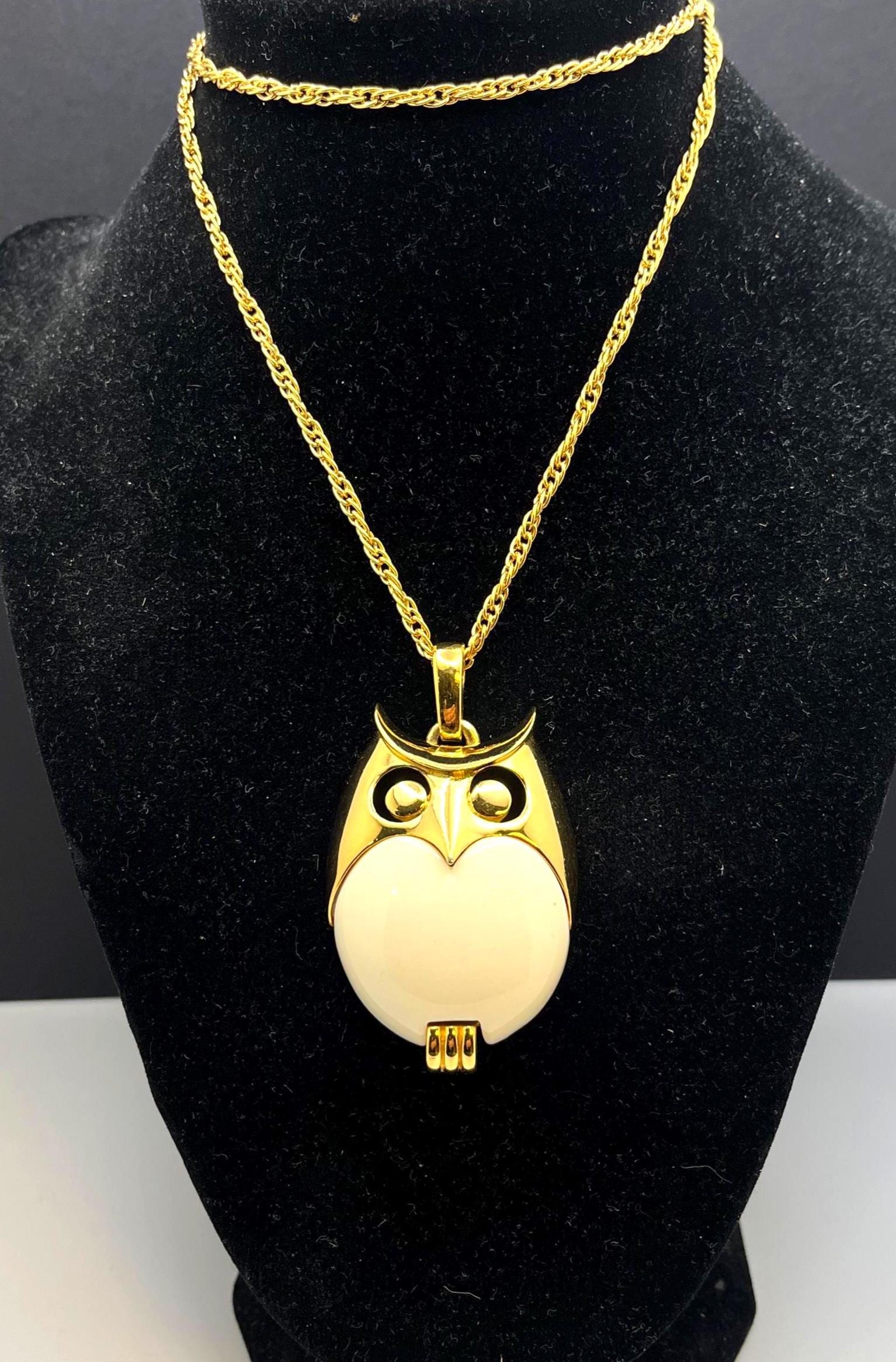 Crown Trifari White Lucite Owl Pendant and Gold Tone Chain