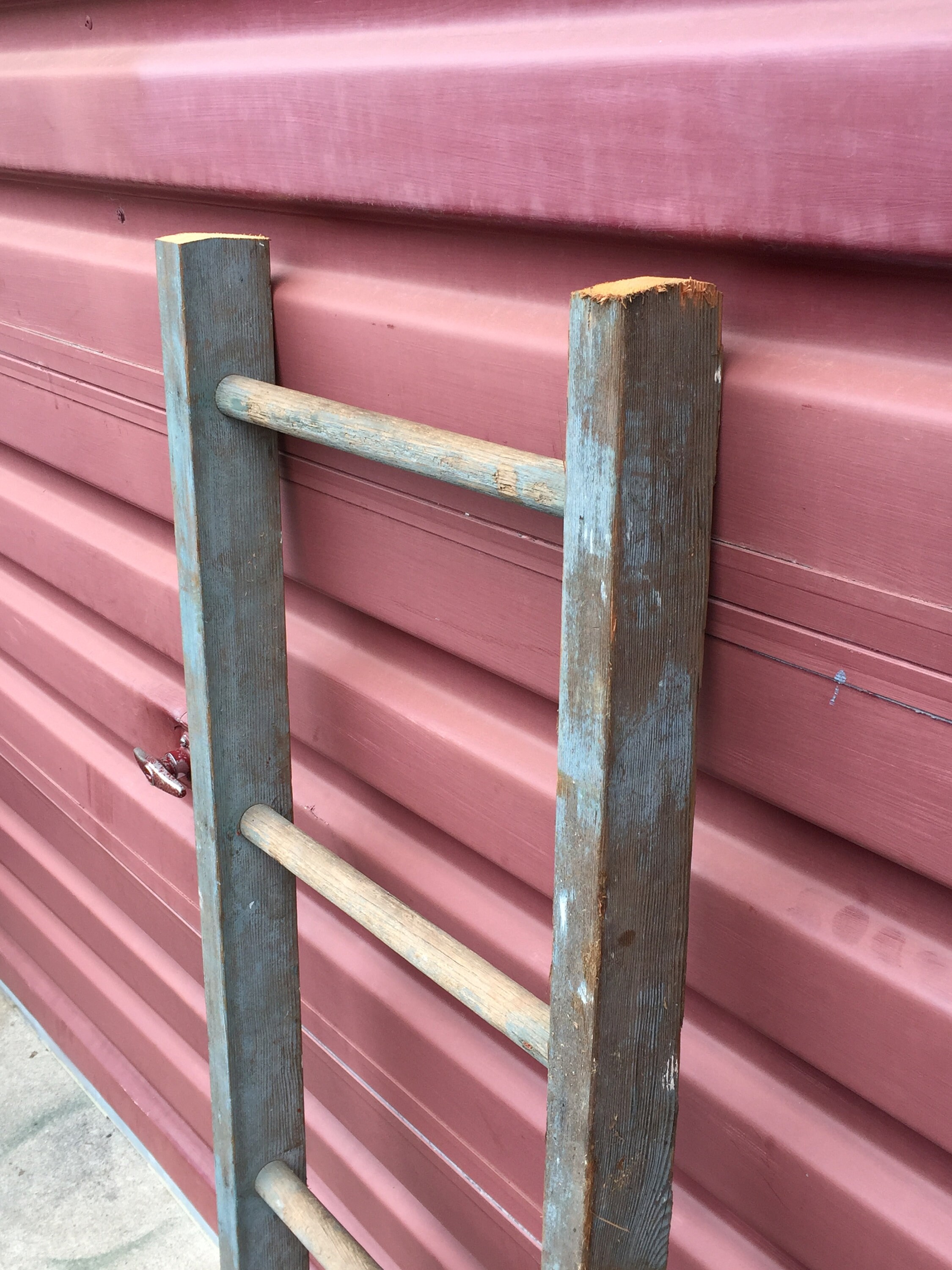 An Old 48 Wooden Blanket Ladder with Faded Blue Paint Patina, Wooden