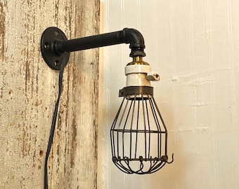 Industrial Cage Wall Light Sconce with Porcelain Switched Socket: Plug In Light