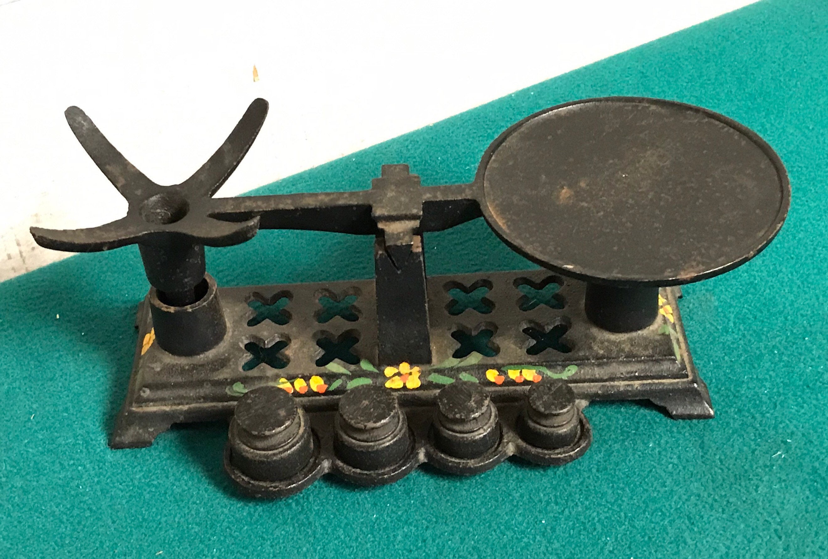 Antique Cast Iron Balance Scale with Scoop and Weights, Candy Scale, Mercantile, General Store