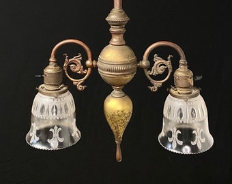 Early 1900's 2 Arm Brass Chandelier Hanging Light Fixture, Antique Victorian Lighting