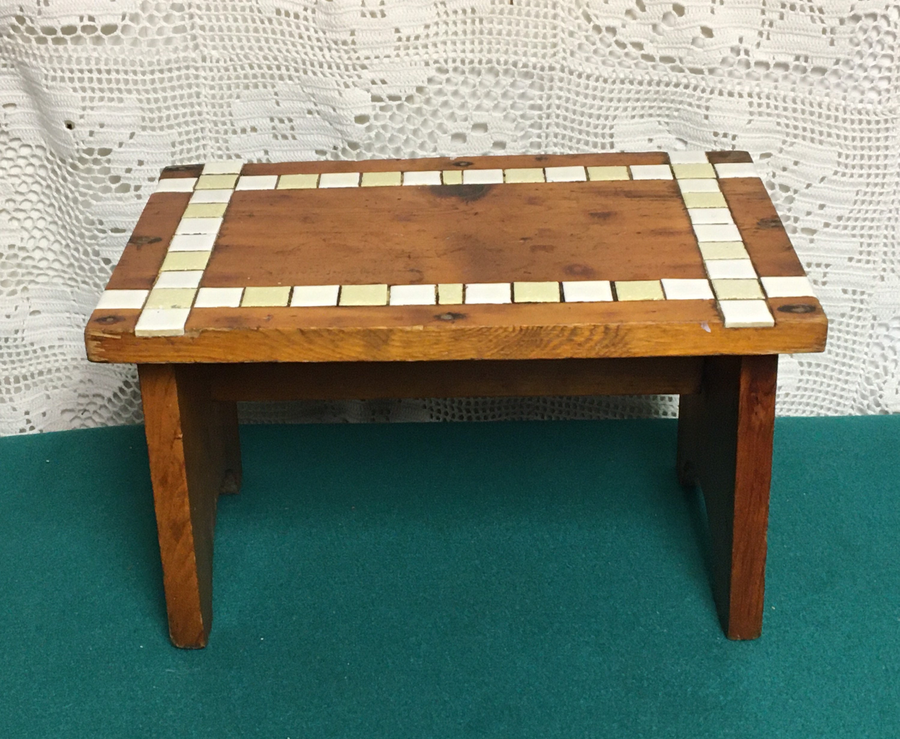 Vintage Handmade Wooden Foot Stool with Decorative Ceramic Tile Inlay, Step Stool, Mosaic Tile