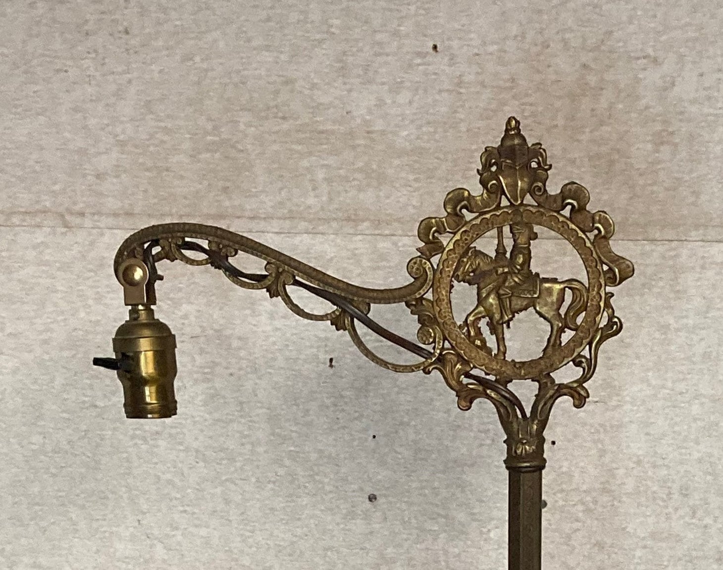 Antique Ornate Cast Iron & Brass Horse and Knight Bridge Arm Floor Lamp