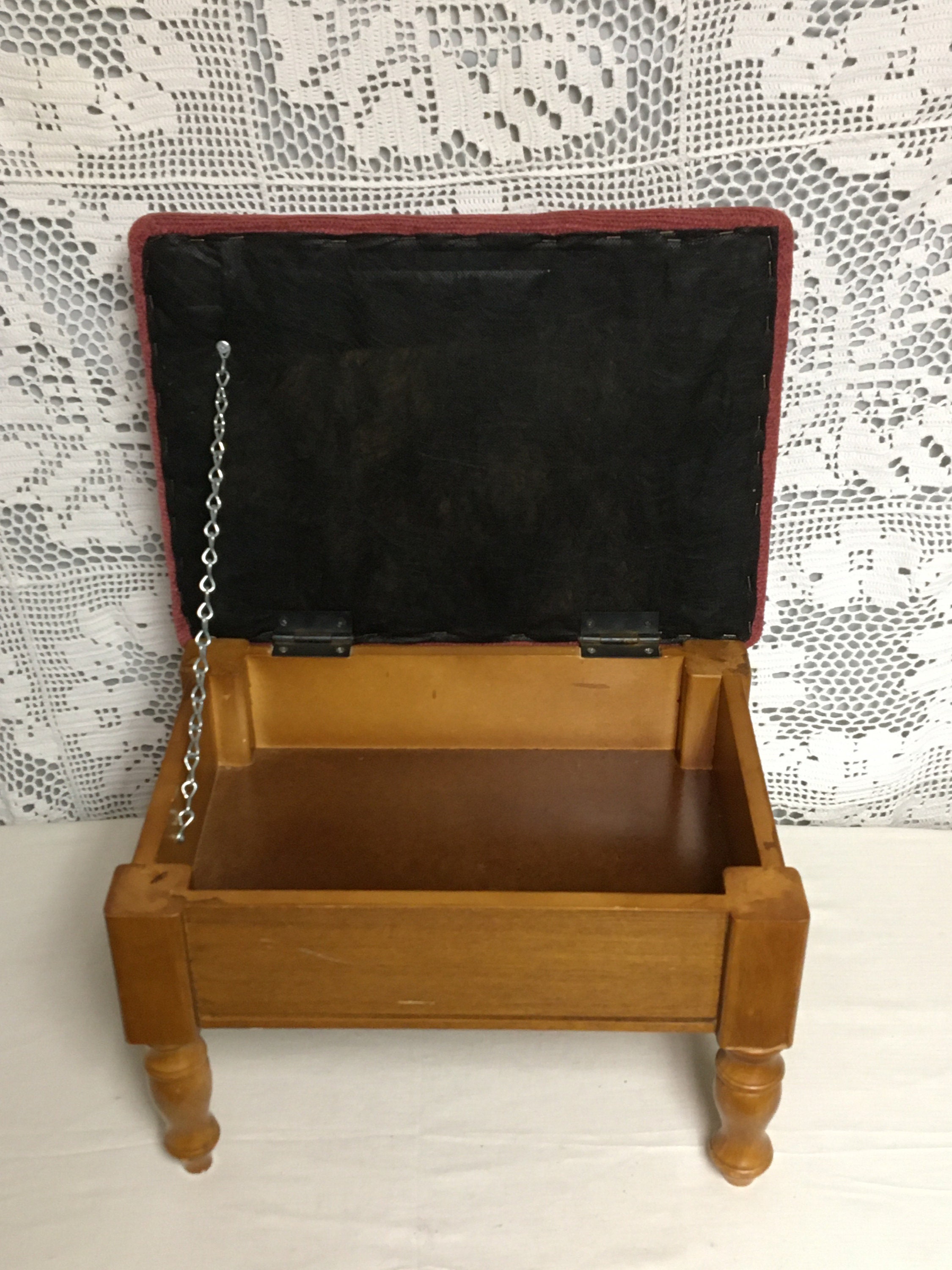 Footstool with Storage, Wooden Stool with Padded Fabric Top, Ottoman