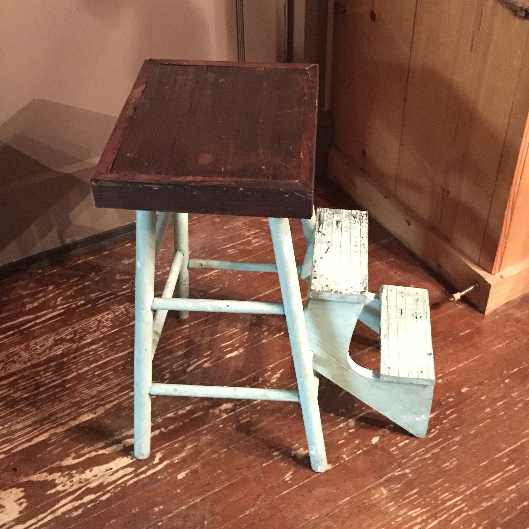 Unique Vintage Wooden Stool with 2 Folding Steps, Step Stool, Plant