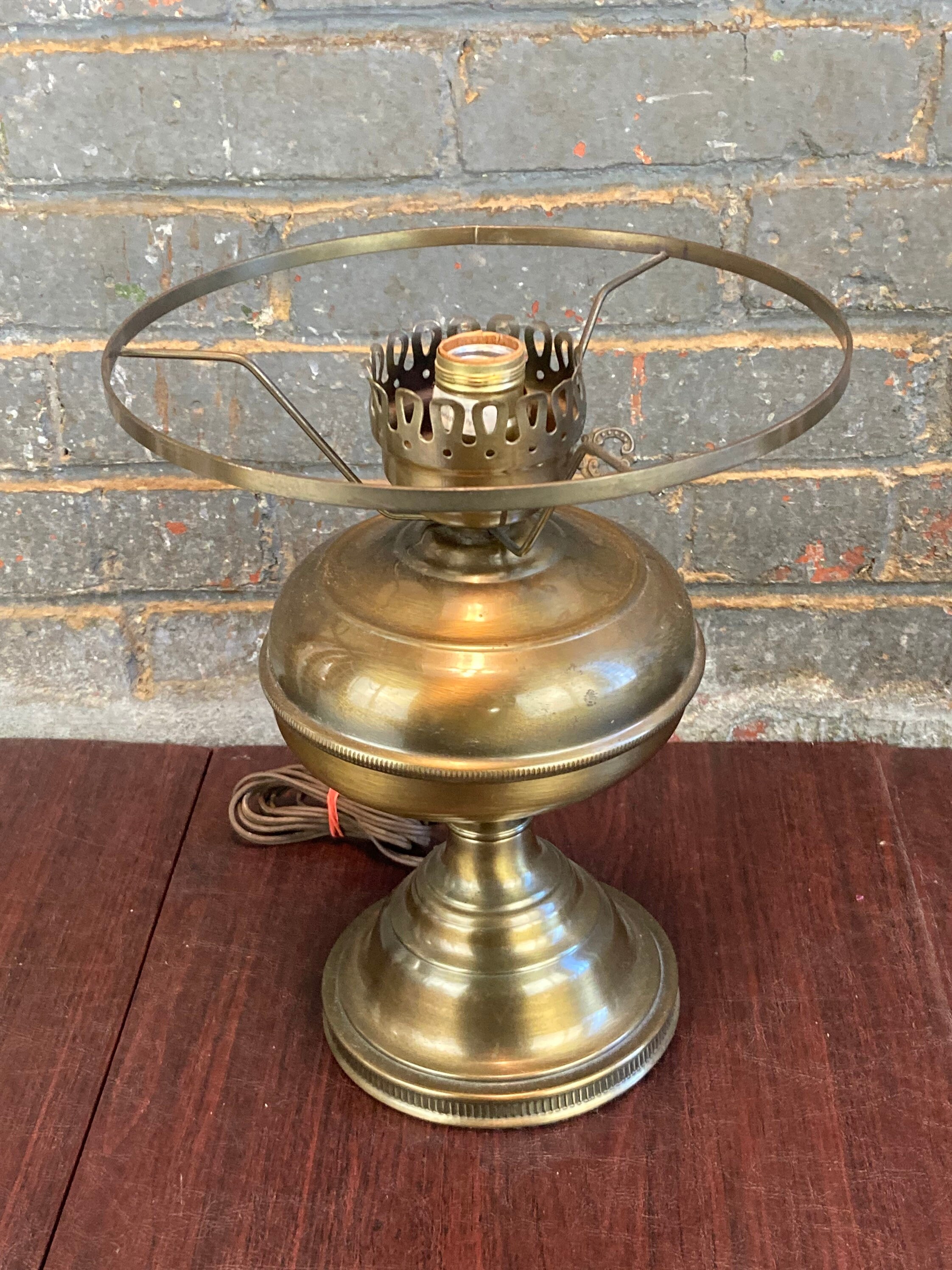 Vintage Brass Tone Electric Hurricane Lamp with Milk Glass Shade