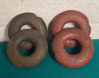 Antique Forged Iron Pitching QUOITS, Red and Black Outdoor Lawn Party Game, Amish Horseshoe Quoits
