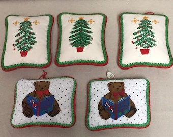 Set of Five (5) Needlepoint Pillow Christmas Ornaments, Handcrafted, Christmas Tree and Teddy Bear Holiday Decoration