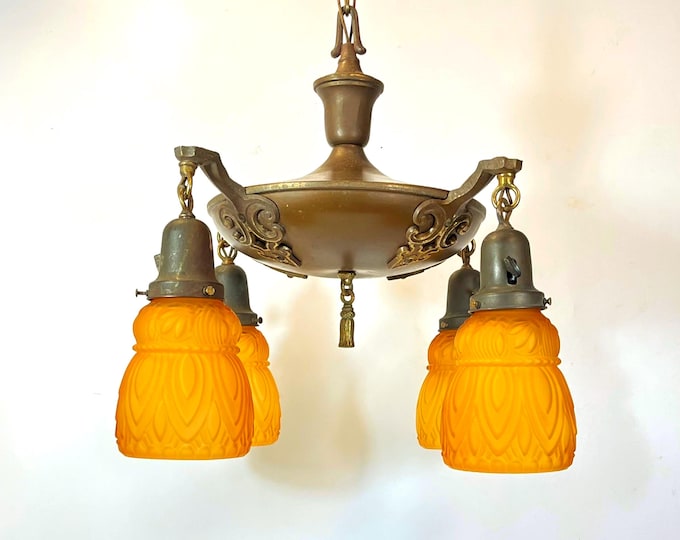 Featured listing image: 1930's Antique 4 Arm Brass Chandelier Ceiling Light Fixture Pan Light, Victorian