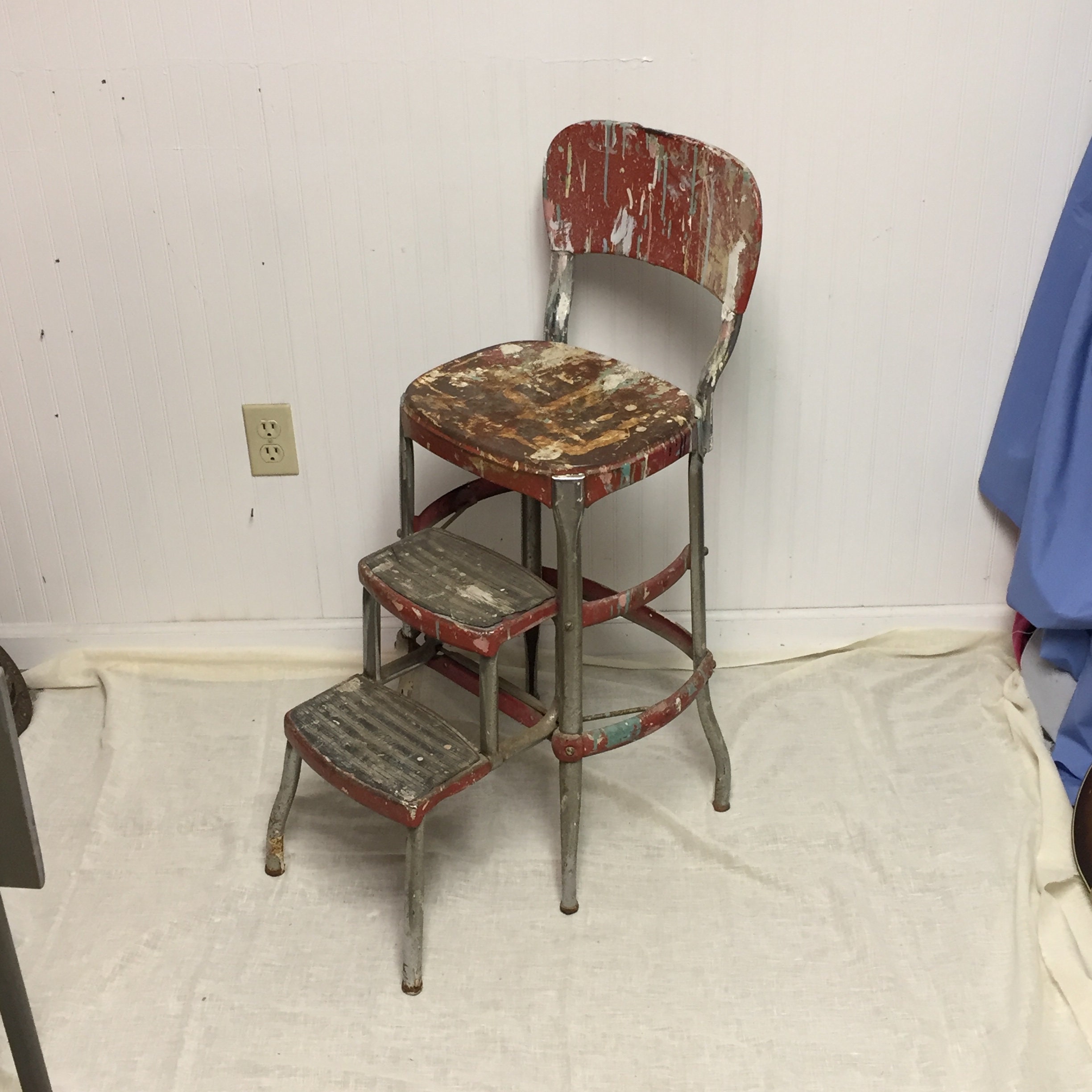Shabby Red 1950 s COSCO Metal Step Stool Chair with Pull out Steps Plant Stand Step ladder Garden Stand Rustic Shabby Paint Splatter