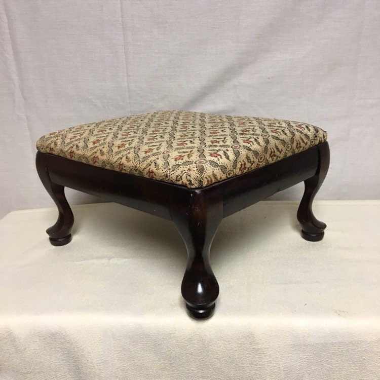 Tapestry Footstool with Wood Legs, French Provincial Style Footstool