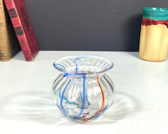 Taylor Backes Hand Blown Art Glass Vase, 4" Fishbowl Vase, Swirl Glass with Blue and Red Stripes