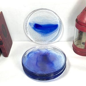 Bormioli Rocco Blue Swirl, Textured Glass 8&quot; Salad / Dessert Plates, &quot;Murano Blue&quot; and Clear Plates, Set of 8