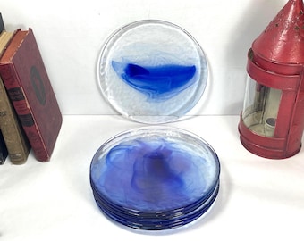 Bormioli Rocco Blue Swirl, Textured Glass 8" Salad / Dessert Plates, "Murano Blue" and Clear Plates, Set of 8