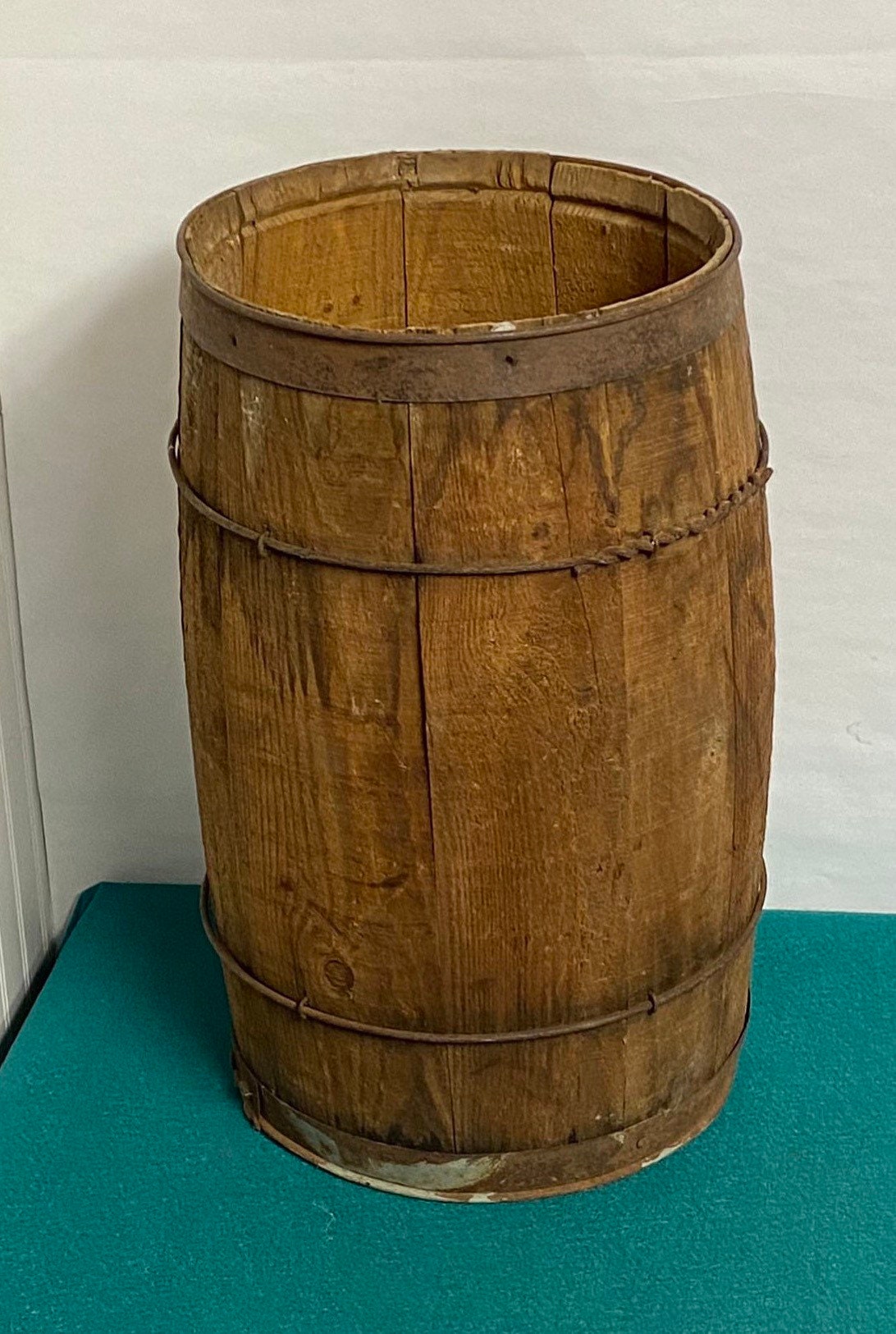 Antique Early Wooden Nail Keg Barrel, Twisted Wire Center Supports