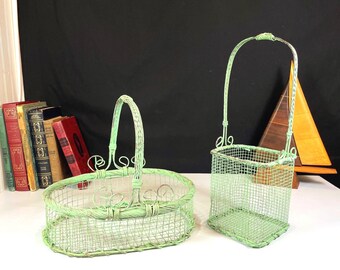 Green Painted Wicker and Wire Baskets, Set of 2, Oval and Square Baskets with Handles