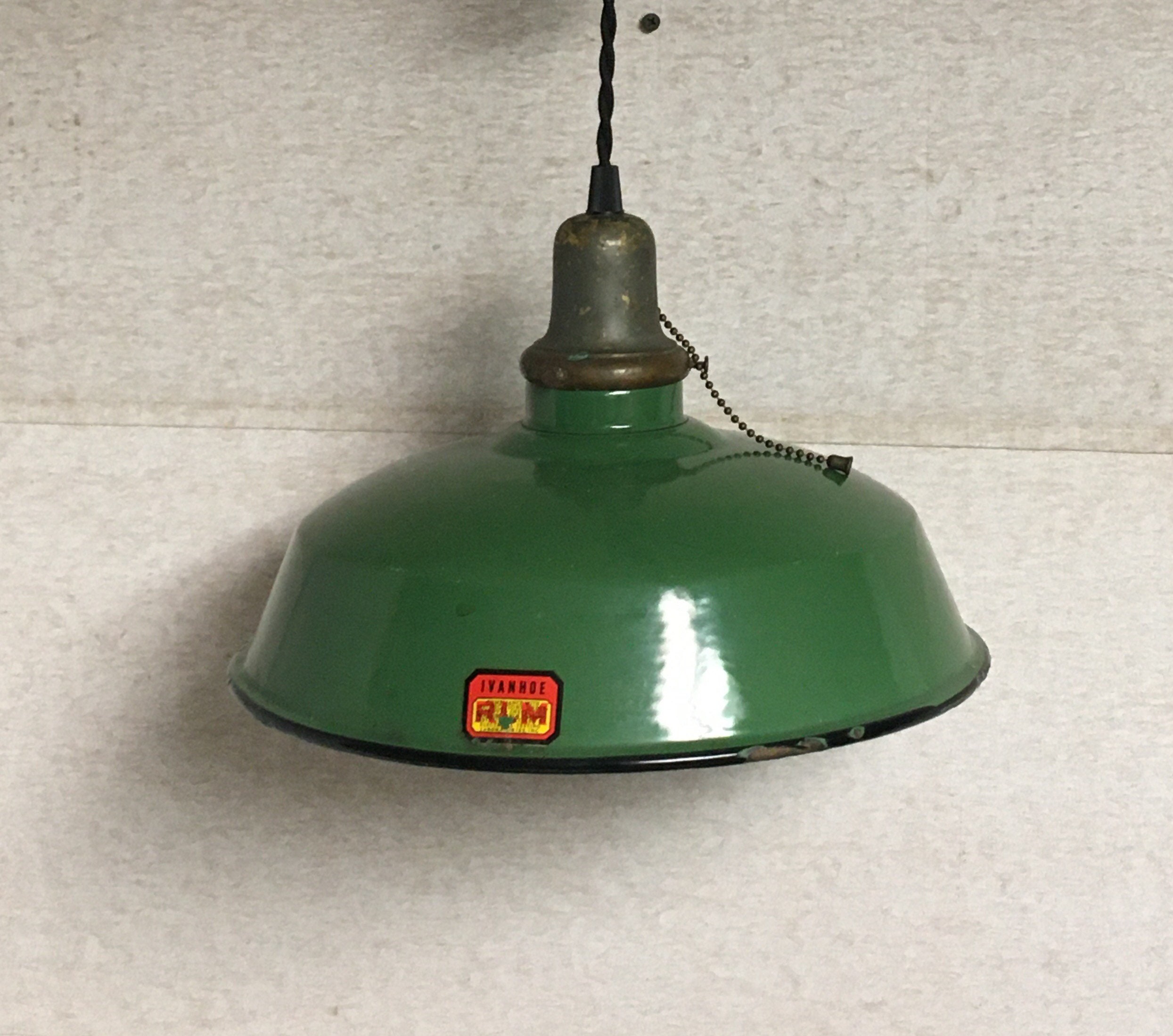 1940's Ivanhoe 12 Green Industrial Porcelain Enamel Barn Light, Gas