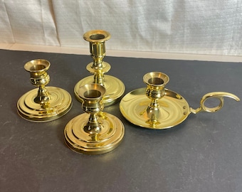 4 Baldwin Brass Candle Holders, Solid Brass Colonial Candlesticks, Chamberstick Made in USA