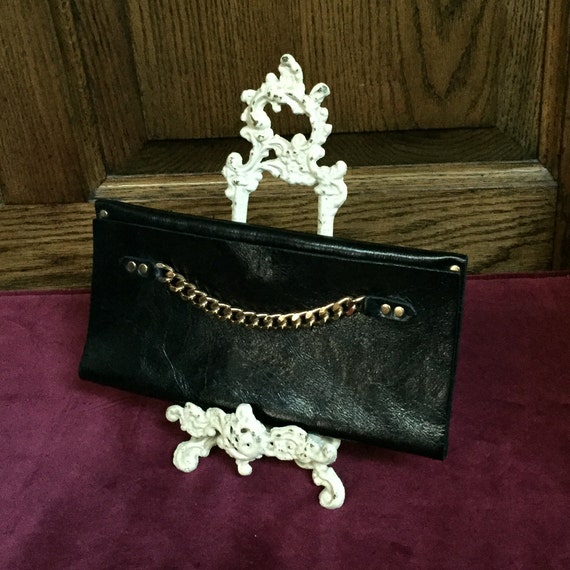 Moss Mills, Black, Leather, Fold Over Clutch, Pur… - image 1