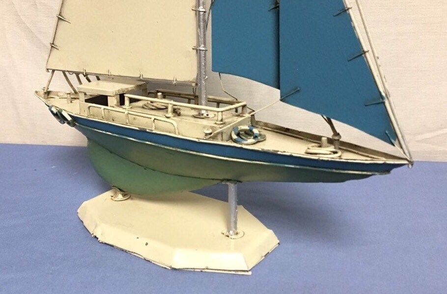 Metal Sailboat, Model Sailboat, Sailing Yacht, Nautical Folk Art, Ship Sculpture, Ship Statue