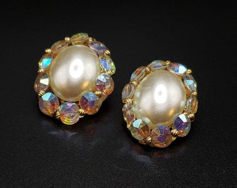 Richelieu Oval Clip on Earrings,  Aurora Borealis Crystal and Faux Pearl