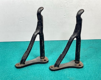 Pair (2) Antique Forged Iron Horse Saddle Hooks, Heavy Duty Shelf Brackets