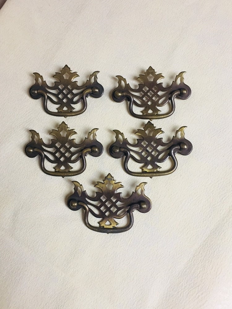 Antique Brass Chippendale Cut Out Drawer Pulls, Five (5) Ornate Brass
