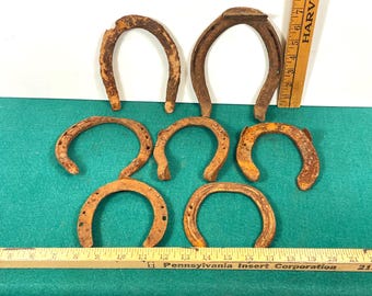 7 Antique Forged Iron Horseshoes, Blacksmith Horse Tack