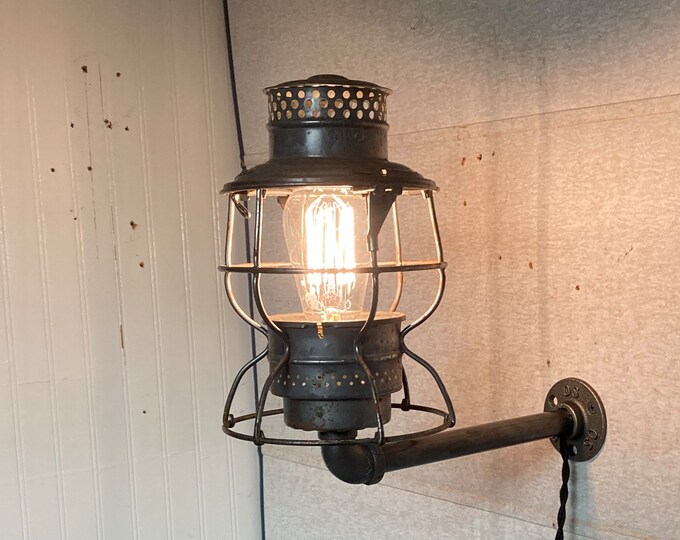 Featured listing image: Antique Electrified Railroad Oil Lantern Sconce, Train lamp, RR Wall Lamp