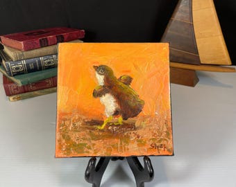 Mini 6" x 6" Oil on Canvas Painting of Baby Bird, Artist Signed, Styer