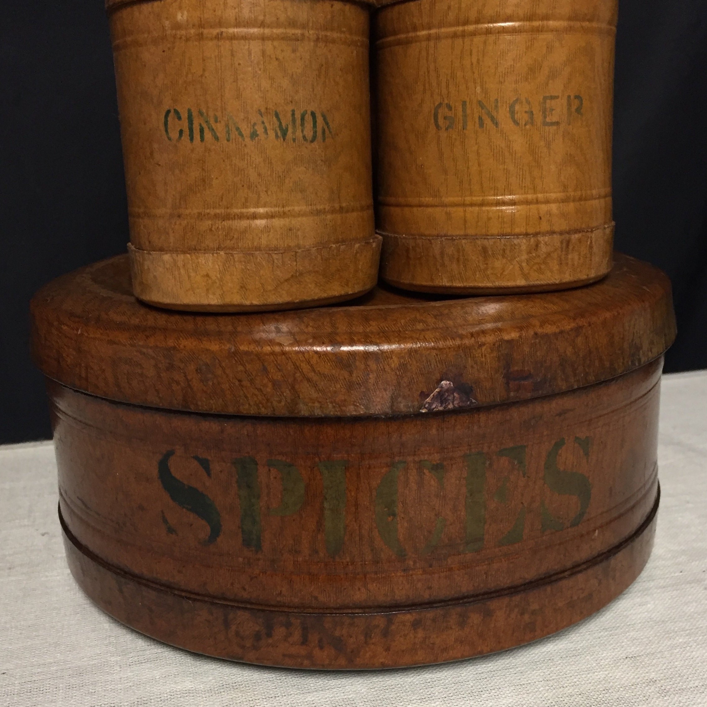Antique Round Spice Box with Seven Spice Containers, Bentwood Spice Box