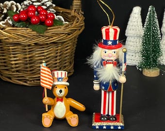 Mini Wooden Americana Ornaments, Nutcracker and Dakin Bear Ornament