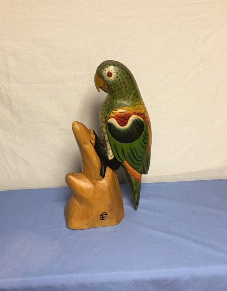 Hand Carved Wooden Parrot, Balsa Wood Carving, Tropical Bird, Hand Painted Parrot