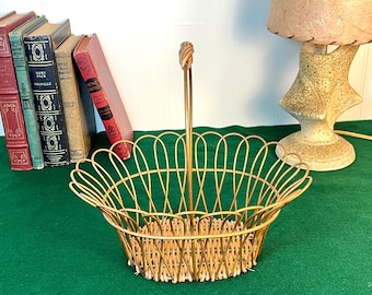 Oval Gold Metal Wire Basket with Handle, Woven Wicker Bottom and Accent on Handle