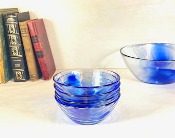 Bormioli Rocco Blue Swirl, Textured Glass 5-1/2" Fruit / Dessert Bowls, "Murano Blue" and Clear Bowls, Set of 4